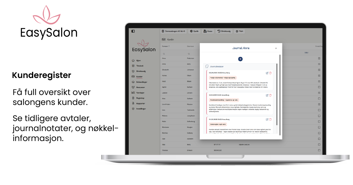 Kunderegister i EasySalon for frisører, hudpleiere og negledesignere
