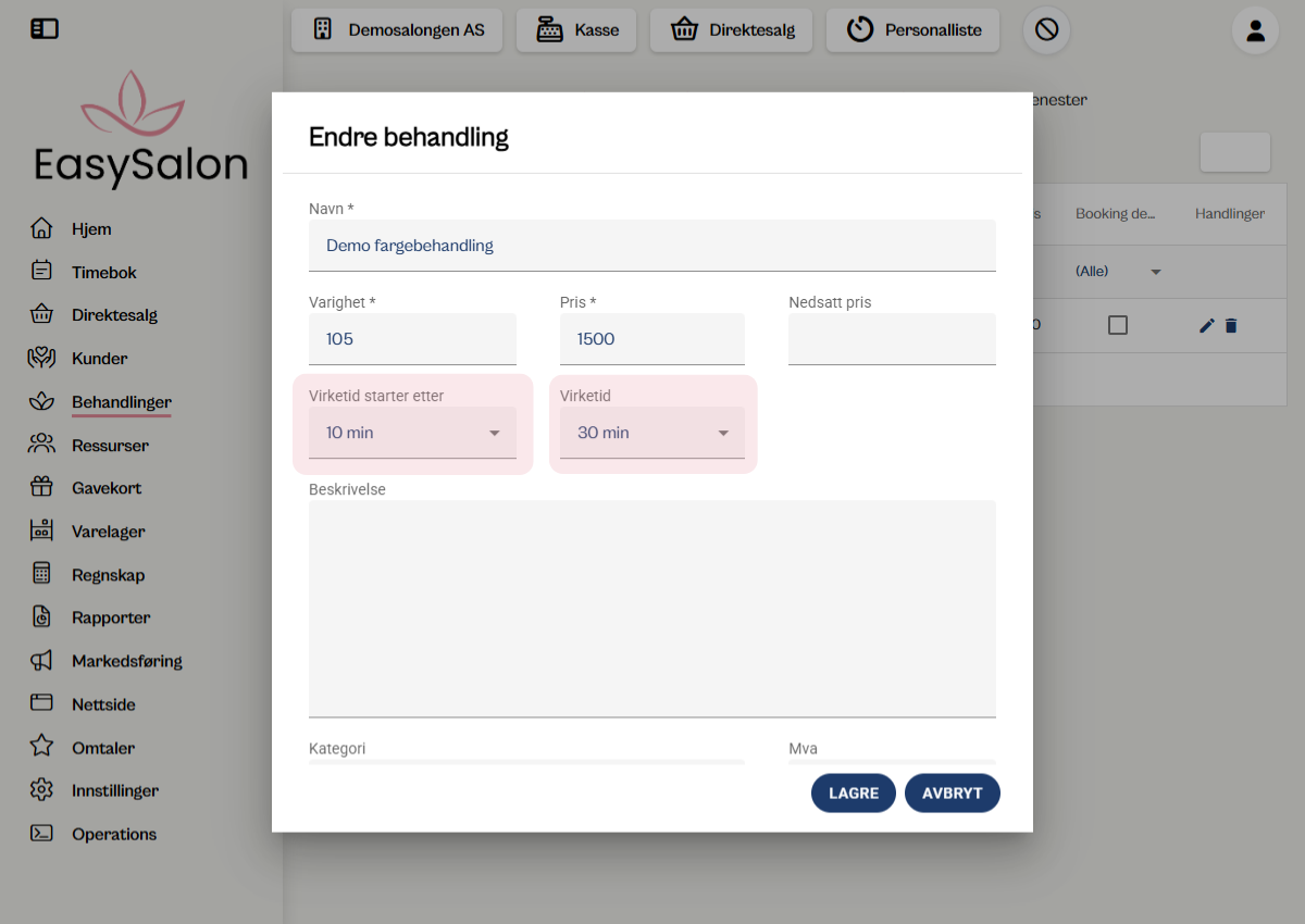 Sette opp virketid på behandling i EasySalon