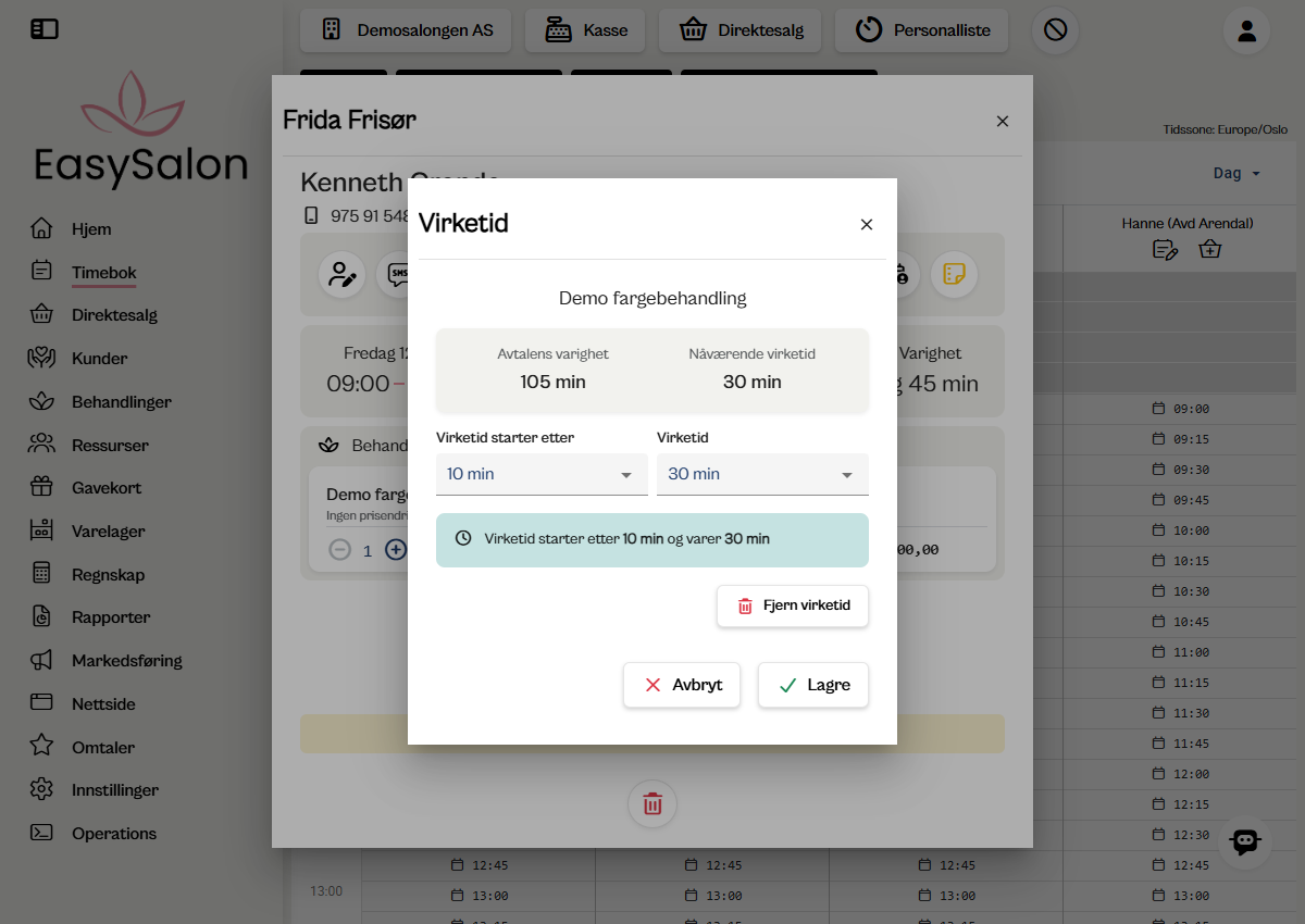 Virketid vist i EasySalon timebok med fargekoding