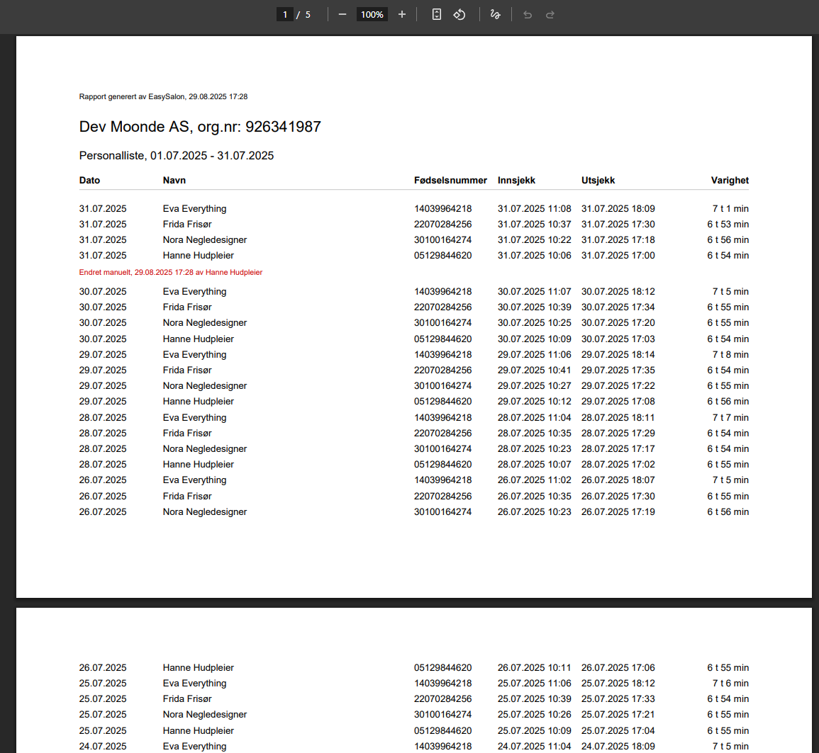 Eksempel på kontrolliste
